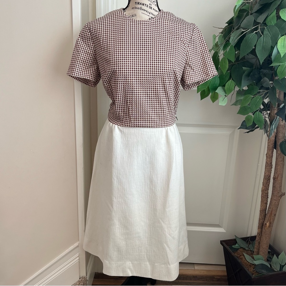 Lady Carol Vintage Midi Short Sleeve Dress Brown Ivory Sz XL